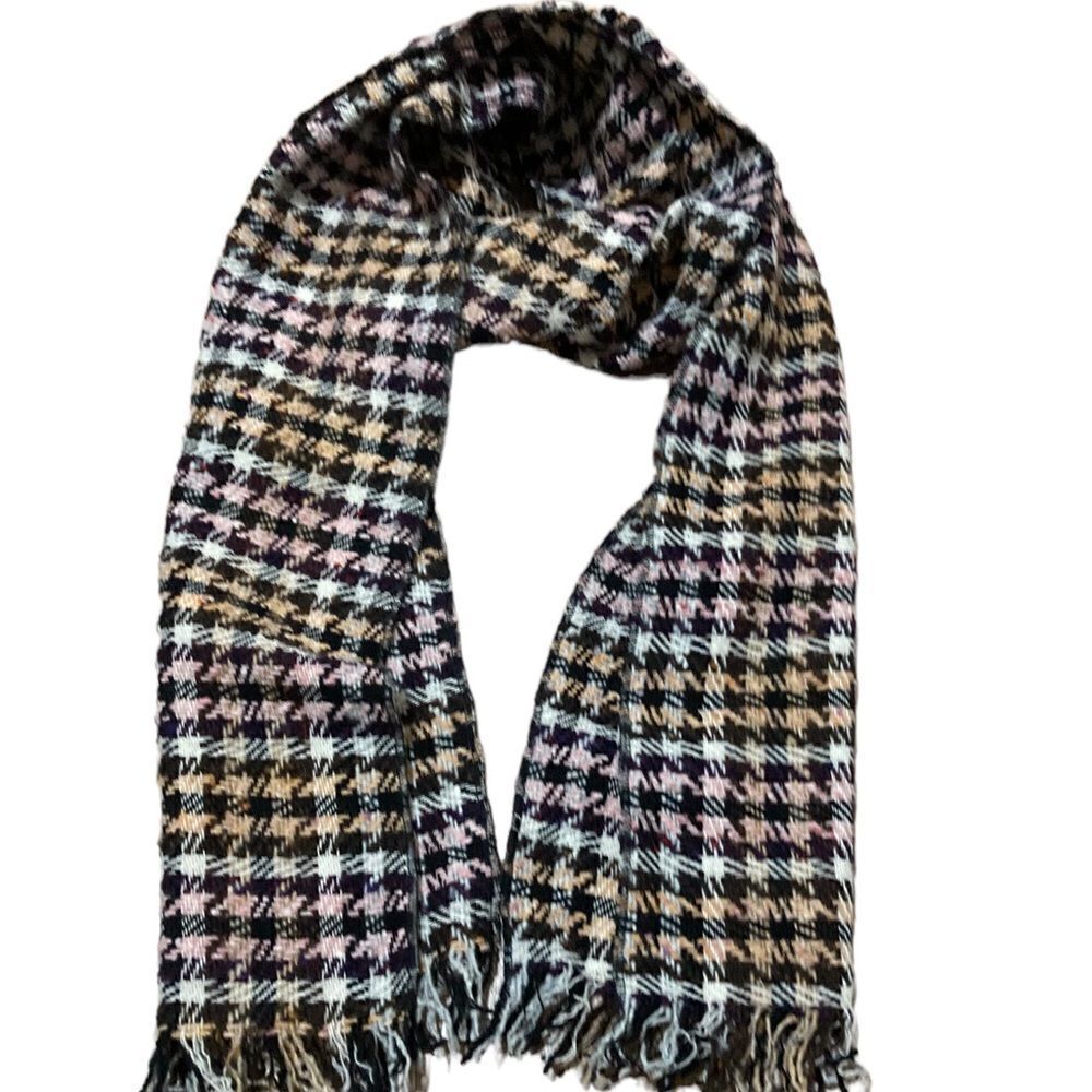Wool scarf Brown cream pink and orange hounds tooth virgin wool scarf
